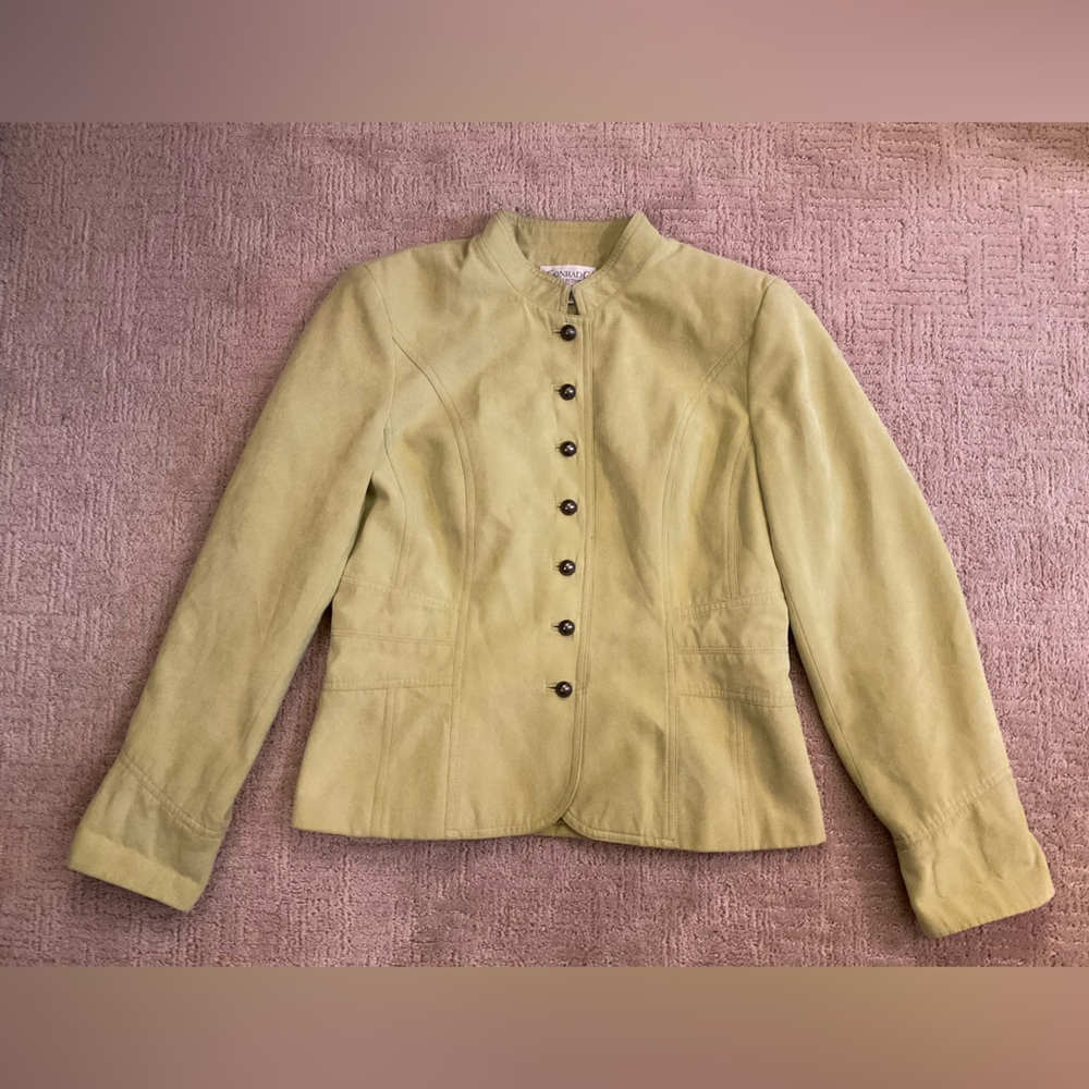 🌿☘️ Y2K Conrad C Apple Green Faux Suede Button Blazer Jacket Size 8 M EUC